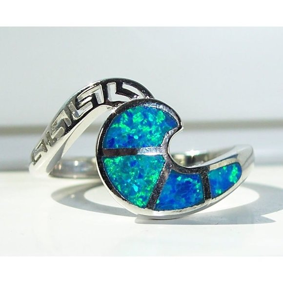 925 STERLING SILVER Lab Created Blue Fire Opal Greek Key & Wave Ring - Picture 12 of 16